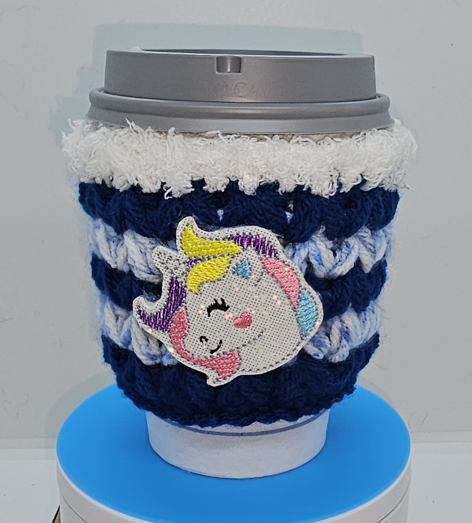 Blue Unicorn coffee cozy