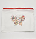 White pouch with a colorful butterfly design and red zipper on a white background