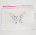 Floral butterfly design on a white pouch with pink zipper.