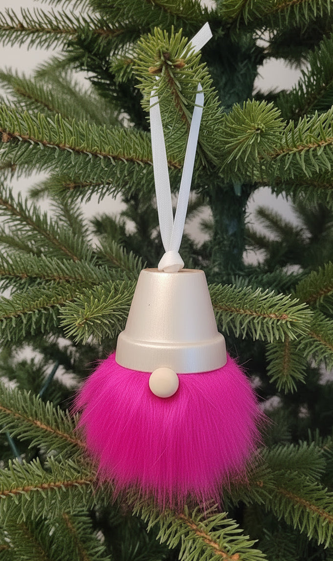 Shimmery white terra cotta gnome hot pink