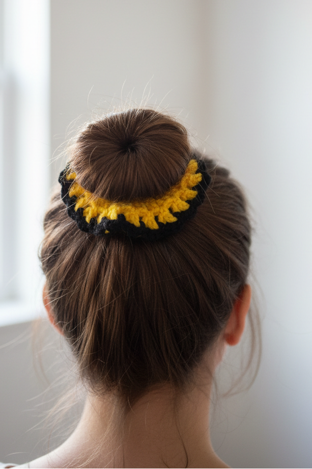 Yellow and black lacy scrunchie