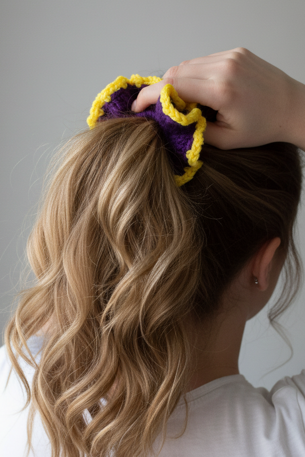 Purple and yellow lacy scrunchy